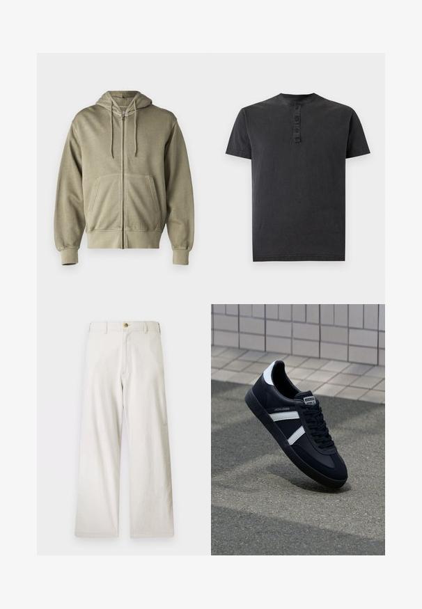 Sudadera de cierre con cremallera en un verde oliva claro, con capucha ajustable, bolsillos frontales, puños y dobladillo acanalados. Fabricada con una suave tela texturizada.; Camiseta henley negra de manga corta con tapeta de tres botones y cuello redondo sobre un fondo liso.; Pantalones de pierna ancha beige fabricados en algodón, con cremallera y cierre de un botón. Cuenta con bolsillos frontales y un acabado de tela texturizada.; Zapatilla de cuero negra con rayas blancas, suela de goma texturizada y parte frontal con cordones. Cuenta con una etiqueta de marca en la lengüeta.