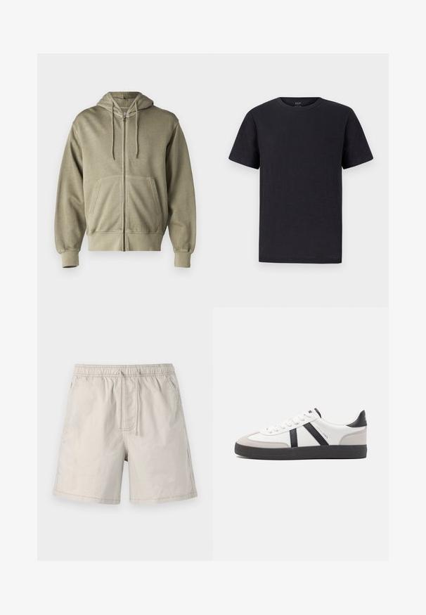 Lys olivengrøn zip-up hoodie med snoretræk, forlommer, ribbede manchetter og kant. Lavet af blødt, struktureret stof.; Sort t-shirt i et blødt, letvægtsstof med klassisk rund halsudskæring og korte ærmer. Simpelt, ensfarvet design uden mønstre eller accenter.; Beige shorts lavet af letvægtsstof, med elastisk talje, snoretræk og sidelommer med kontrasterende syninger.; Hvide sneakers med sorte og grå detaljer, med en tekstureret grå tåhætte, sort gummisål og flade hvide snørebånd. Rent design, minimalistisk stil.