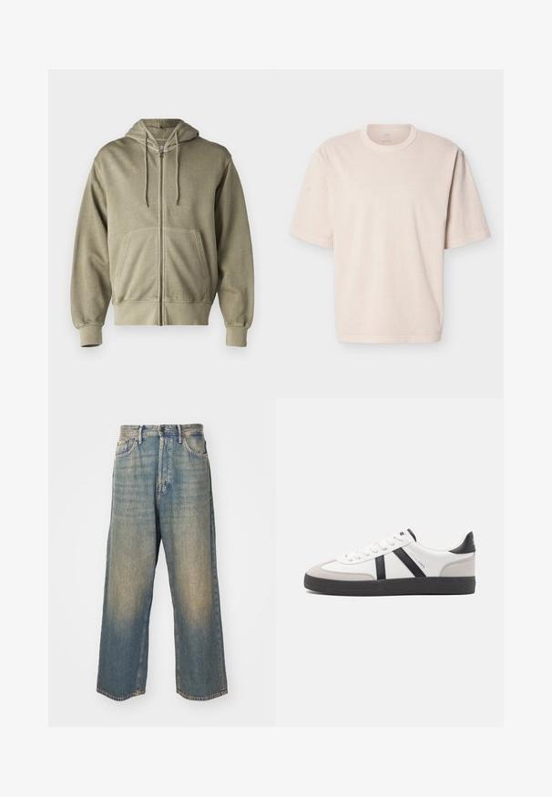 Helle olivengrüne Zip-Hoodie mit einer Kordelzugkapuze, Fronttaschen, gerippten Bündchen und Saum. Hergestellt aus weichem, strukturiertem Stoff.; Beige übergroßes Kurzarm-T-Shirt mit Rundhalsausschnitt und einfacher Naht, flach auf weißem Hintergrund präsentiert.; Hochgeschnittene, gerade geschnittene, ausgewaschene blaue Jeans mit Ziertaschen vorne und einem Knopfverschluss vor hellem Hintergrund.; Weiße Sneaker mit schwarz- und grau-aczenten, ausgestattet mit einer strukturierten grauen Zehenkappe, schwarzer Gummi-Sohle und flachen weißen Schnürsenkeln. Sauberes Design, minimalistische Stil.