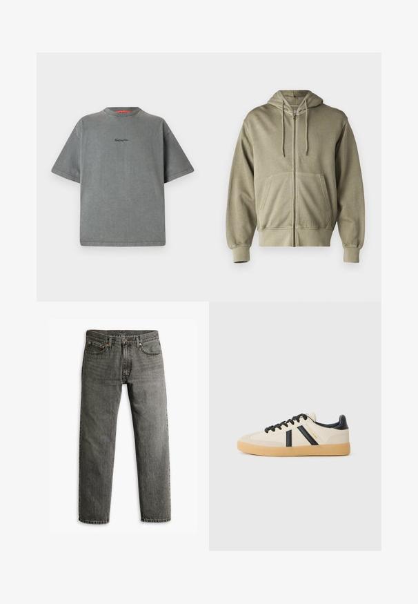 Helle olivengrüne Zip-Hoodie mit einer Kordelzugkapuze, Fronttaschen, gerippten Bündchen und Saum. Hergestellt aus weichem, strukturiertem Stoff.; Replay Inc. T-Shirt basic - stoned grey; Graue Jeans aus Denim mit geradem Bein, klassischem Fünf-Taschen-Design und dezenten Nähten an den Säumen und Taschen.; Legere Sneaker in Creme mit schwarzen Streifen, mit einer strukturierten Oberseite und einer Sohle aus Gummi. Die Schnürsenkel sind schwarz. Diskretes Logo an der Seite.
