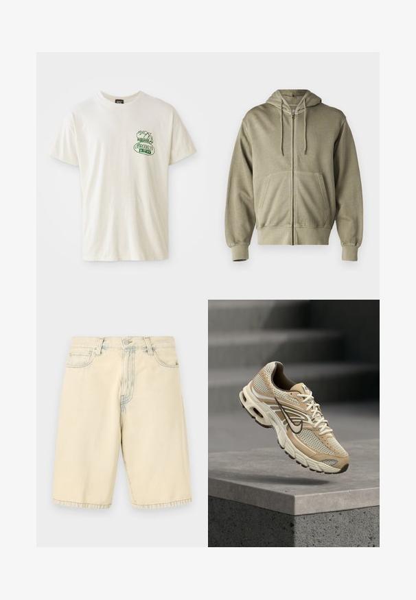 Lys olivengrøn zip-up hoodie med snoretræk, forlommer, ribbede manchetter og kant. Lavet af blødt, struktureret stof.; Kortærmet cremet t-shirt lavet af bomuld. Har et grønt "Brooklyn Fruits"-grafik med en kurv fyldt med grøntsager og et lille lastbildesign.; Beige denimshorts med knap- og lynlås foran, bæltestropper og to forlommer, vist fladt på en hvid baggrund.; Beige og hvid Nike løbesko med mesh paneler og sort swoosh, der svæver over en betonkant med slørede trapper i baggrunden.
