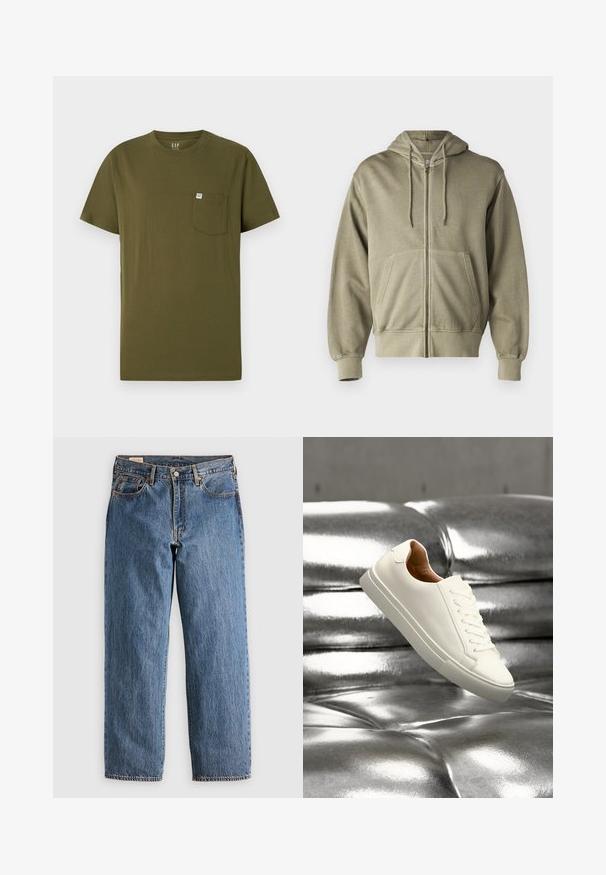 Lys olivengrøn zip-up hoodie med snoretræk, forlommer, ribbede manchetter og kant. Lavet af blødt, struktureret stof.; Olivengrøn bomulds t-shirt med rund hals, korte ærmer og en venstre brystlomme med et lille mærkelabel. Glat tekstur.; Blå denimjeans med lige snit, der har høj talje, kobbernitter og orange syninger. Foran og bagpå er der lommer.; Hvid lavtop-sneaker, der svæver over en skinnende sølv tuftet læderoverflade.