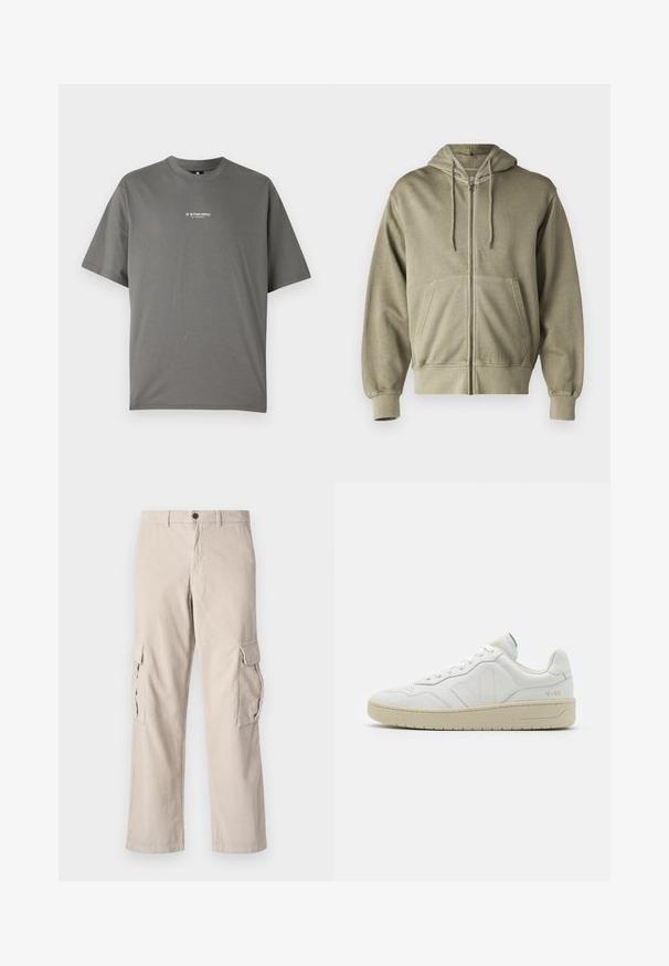 Sudadera de cierre con cremallera en un verde oliva claro, con capucha ajustable, bolsillos frontales, puños y dobladillo acanalados. Fabricada con una suave tela texturizada.; Camiseta de algodón gris con cuello redondo, mangas cortas y un logo de G-Star RAW impreso en blanco en el pecho.; Pantalones cargo de pana beige con dos bolsillos laterales, cierre de botón y corte de pierna ancha; presenta una textura de costura vertical.; Zapatillas blancas de cuero con un acabado texturizado y cuello acolchado. Cuentan con una suela de goma beige y un sutil logotipo en el talón y el lado.