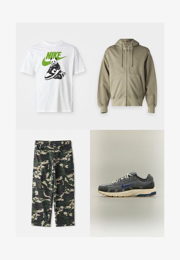 Lys olivengrøn zip-up hoodie med snoretræk, forlommer, ribbede manchetter og kant. Lavet af blødt, struktureret stof.; Hvid bomulds t-shirt med et sort-hvidt panda grafik, der holder en Nike sneaker, med et grønt Nike-logo ovenfor.; Camouflage cargo-bukser i grøn, brun og beige, med flere lommer, knaplukning og et lige ben-design.; Grå og sort Nike løbesko med blå swoosh-logo, hvide snørebånd og beige sål med blå og brune slidmønster accenter.