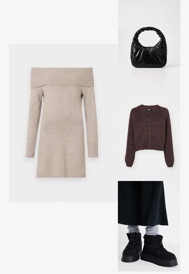 Brun strikket cropped cardigan med V-udskæring, seks knapper foran og ribbede manchetter og kant. Blød tekstur med løs pasform.; Beige off-shoulder sweater, strikket tekstur, lange ærmer, ribbet halsudskæring og manchetter, midt-lår længde, glat stoffsammensætning.; Sorte, puffede ankelstøvler med flade såler, snørebånd og fremtrædende stikninger. Bæret med grå ribbede sokker, der stikker frem, sammen med en mørk nederdel.; Sort polstret håndtaske med et rundt håndtag, der har en glat, skinnende overflade og en blød, kviltet tekstur. Ingen synlige hardware eller accenter.