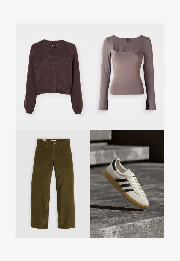 Bruine gebreide cropped cardigan met een V-hals, zes knopen aan de voorkant en geribde mouwen en onderkant. Zachte textuur met een losse pasvorm.; Langarmtop in een zachte, bruine stof. Kenmerkt zich door een vierkante halslijn en zijsplitten aan de zoom. Soepele textuur met een getailleerd ontwerp.; Olijfgroene corduroy broek met een rechte pijpdesign, voorzien van voorzakken en een knoopsluiting, met een verticale ribstructuur.; Witte Adidas Spezial sneaker met zwarte strepen en gumzool, zwevend boven grijze stenen trappen buiten.