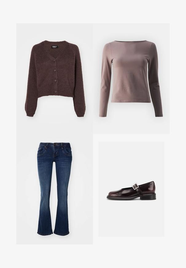 Gilet cropped en tricot marron avec un col en V, six boutons sur le devant et des poignets et un ourlet côtelés. Texture douce avec une coupe ample.; Haut à manches longues dans une teinte de mauve doux, fabriqué en coton doux avec une silhouette ajustée et un grand col. Manches et ourlet sans couture.; Jean flare en denim bleu foncé avec une taille mi-haute, cinq poches et des détails de couture subtils aux coutures et aux bords des poches.; Chaussure Mary Jane unique brillante couleur bordeaux foncé avec une large bride et une boucle argentée, talon bloc bas et bout arrondi sur fond blanc.