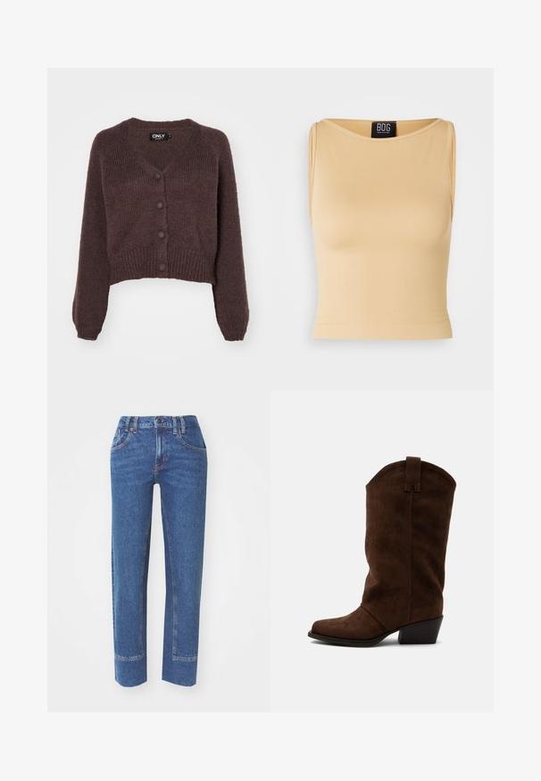Bruine gebreide cropped cardigan met een V-hals, zes knopen aan de voorkant en geribde mouwen en onderkant. Zachte textuur met een losse pasvorm.; Beige, geribbelde mouwloze crop top met een ronde halslijn en een getailleerd silhouet. Het materiaal lijkt glad en rekbaar. Het label is zichtbaar bij de halslijn.; Blauwe spijkerbroek met een rechte pasvorm, vijf zakken en contrasterende stikseldetails. De stof heeft een lichte textuur en een klassieke afwerking.; Bruine suède cowboylaars tot halverwege de kuit met een lage gestapelde hak en een trek lus op een eenvoudige lichte achtergrond.