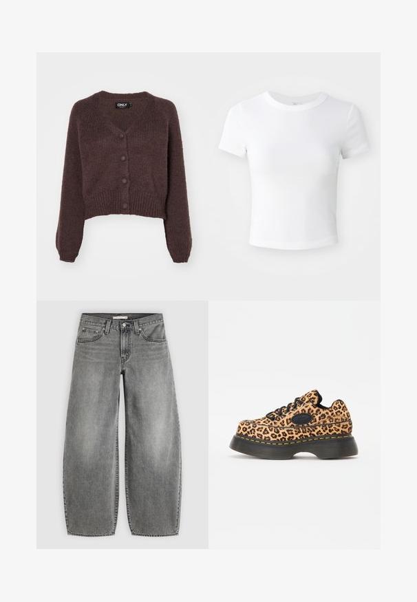 Bruine gebreide cropped cardigan met een V-hals, zes knopen aan de voorkant en geribde mouwen en onderkant. Zachte textuur met een losse pasvorm.; Effen witte cropped t-shirt met korte mouwen en ronde hals, weergegeven op een neutrale lichte achtergrond.; Grijze wijde jeans van denim met knoop en rits aan de voorkant, riemlussen en vijfzakken ontwerp op een effen achtergrond.; Panterprint platform sneakers met zwarte veters, textuurmateriaal en gele stikdetails op een dikke zwarte rubberen zool.