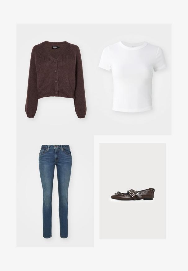 Gilet cropped en tricot marron avec un col en V, six boutons sur le devant et des poignets et un ourlet côtelés. Texture douce avec une coupe ample.; T-shirt courte à manches courtes, blanche, avec un col rond, présentée sur un fond neutre et lumineux.; Jeans en denim bleu ajustés avec cinq poches, couture visible et fermeture à glissière. Présentent une texture légèrement délavée pour plus de détails.; Chaussure plate en cuir marron avec doubles brides argentées à boucle, lacets décoratifs le long des bords, et un petit nœud sur la pointe pointue.
