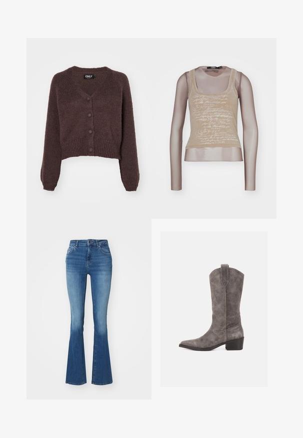 Bruine gebreide cropped cardigan met een V-hals, zes knopen aan de voorkant en geribde mouwen en onderkant. Zachte textuur met een losse pasvorm.; Beige tanktop gecombineerd met lange mesh mouwen; beschikt over een witte tekstprint aan de voorkant, ronde halslijn en een aansluitende pasvorm.; Hoge taille flare jeans in lichtblauwe denim, voorzien van een gladde textuur, een rits met een knoop en twee Franse zakken.; Grijze suède westernlaars tot halverwege de kuit met puntige neus, aantreklus en lage gestapelde hak op een witte achtergrond.