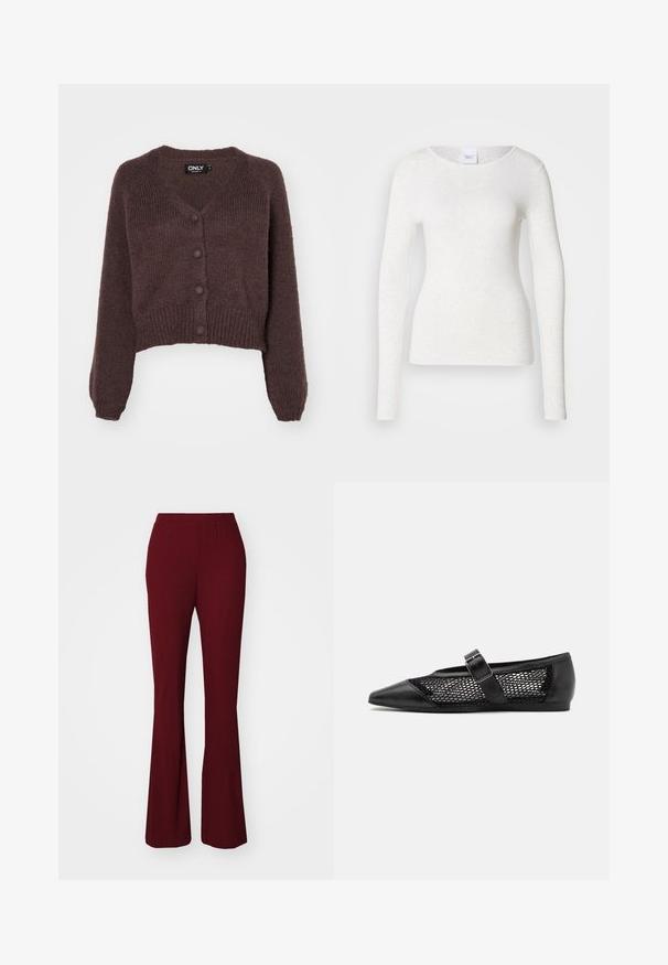Gilet cropped en tricot marron avec un col en V, six boutons sur le devant et des poignets et un ourlet côtelés. Texture douce avec une coupe ample.; T-shirt blanc à manches longues en tissu doux et léger avec un col rond et une coupe ajustée, présentant une texture subtile.; Pantalons évasés côtelés bordeaux avec une taille élastique. Ils présentent une texture lisse et une silhouette ajustée qui s'étend jusqu'à un ourlet évasé.; Chaussure plate noire avec un bout pointu, panneaux latéraux en maille et une sangle avec une boucle décorative. Fini lisse sur les sections du bout et du talon.