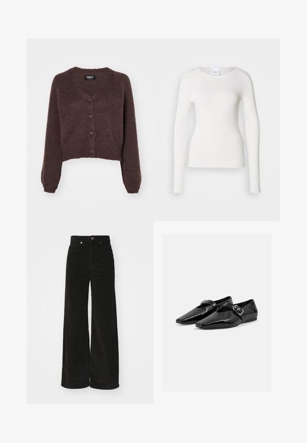 Bruine gebreide cropped cardigan met een V-hals, zes knopen aan de voorkant en geribde mouwen en onderkant. Zachte textuur met een losse pasvorm.; Wit T-shirt met lange mouwen van een zachte, lichtgewicht stof, met een ronde halslijn en een aansluitende pasvorm, met een subtiele textuur.; Zwarte corduroy wijde broek met een hoge taille, voorzien van twee voorkruimels en een metalen knoopsluiting. Textiel met verticale ribbels.; Paar zwarte lakleren platte schoenen met puntige neuzen en een gespenriem over de bovenkant, getoond op een effen lichte achtergrond.
