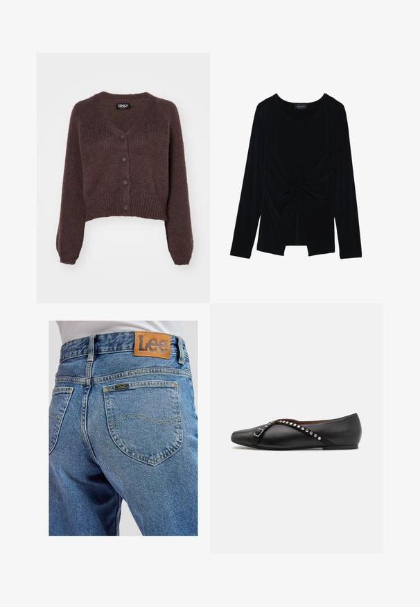 Bruine gebreide cropped cardigan met een V-hals, zes knopen aan de voorkant en geribde mouwen en onderkant. Zachte textuur met een losse pasvorm.; Zwarte lange mouw top van zacht, rekbaar materiaal met een gedraaide voorkant en een ronde halslijn. Etiket leest "ANNA FIELD."; Blauwe spijkerbroek met achterzakken met gele stiksels en een bruin leren Lee-merkpatch op de tailleband.; Zwarte leren platte schoen met een puntige neus, voorzien van een decoratieve band met zilveren studs en een gespdetail. Soepele textuur, minimalistisch ontwerp.