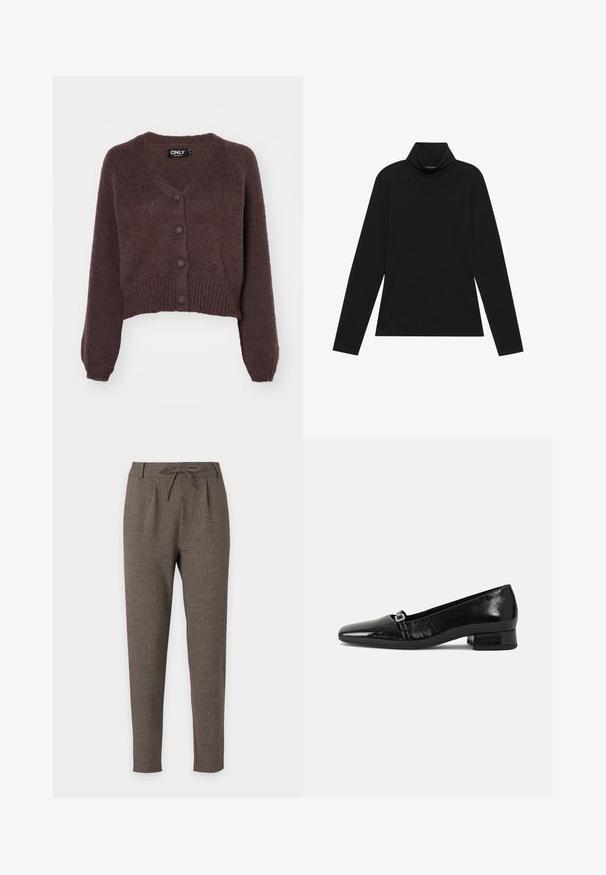 Brun strikket cropped cardigan med V-udskæring, seks knapper foran og ribbede manchetter og kant. Blød tekstur med løs pasform.; Sort turtleneck med lange ærmer. Blødt stof, tætsiddende design, høj krave og sidesøm. Simpel og alsidig stil, der er velegnet til lag-på-lag.; Brune tapered bukser med snøre i taljen og båndsøm, lavet af tekstureret stof, vist på en hvid baggrund.; Sorte patentlæder balletflade med spids tå, lav firkantet hæl og en lille metallisk spænde detalje på remmen. Glat tekstur.