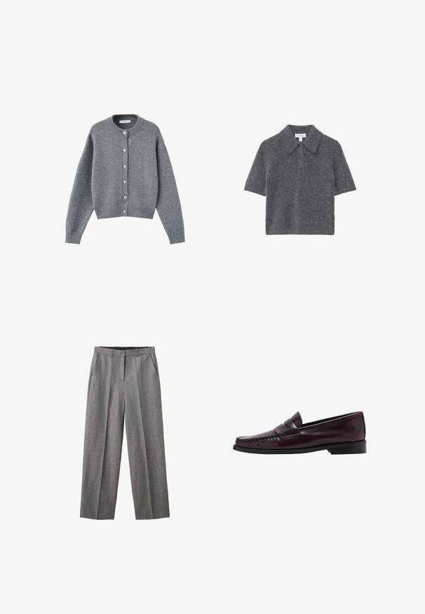 Grijze wollen cardigan met een ronde hals, negen parelknopen langs de voorkant, verlaagde schouders en geribde zoom en manchetten.; Korte mouwen polo shirt gemaakt van zacht grijs wol, met een klassieke kraag, een drieknoopsluiting en een ontspannen, boxy pasvorm.; Grijze geruite broek met rechte pijpen, riemlussen en zijzakken, ontworpen voor formeel of kantoorgebruik.; Donkerbruine leren penny loafer voor mannen met een zwarte zool en stiksels langs de neus, weergegeven in zijprofiel.