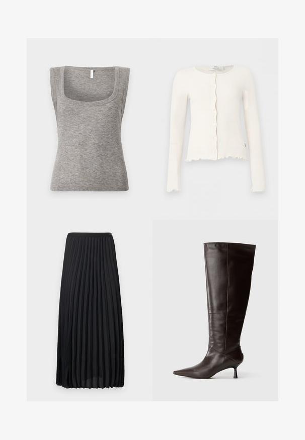Cardigan à manches longues blanc en maille côtelée avec bords festonnés et boutons sur le devant, présenté sur un fond clair uni.; Débardeur gris sans manches en maille côtelée avec un décolleté carré et une silhouette ajustée, présentant une texture lisse et une légère élasticité.; Jupe midi plissée noire avec ceinture élastique, en tissu léger, présentée à plat sur un fond clair.; Botte en cuir marron, hauteur genou, avec un bout pointu et un talon fin. Texture lisse et design élégant, arborant une silhouette minimaliste.