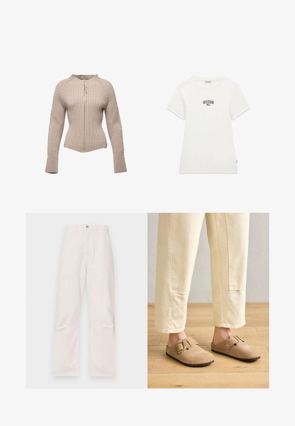 Lysebeige ribbestrikket sweater med lynlåslukning, høj krave og tætsiddende design. Tekstureret stof øger det visuelle indtryk.; Hvid bomuld T-shirt med korte ærmer, rund halsudskæring, med sort broderet "GUESS Jeans" logo foran, ribbet tekstur.; Hvide højtaljede bukser lavet af et blødt stof, med to frontlommer, et lige ben-design og en enkelt knaplukning fortil.; Tan ruskinds-sandaler med en bred strop og gyldent spænde, tekstureret overflade og brun gummisål; båret med løse elfenbenfarvede tapered bukser.