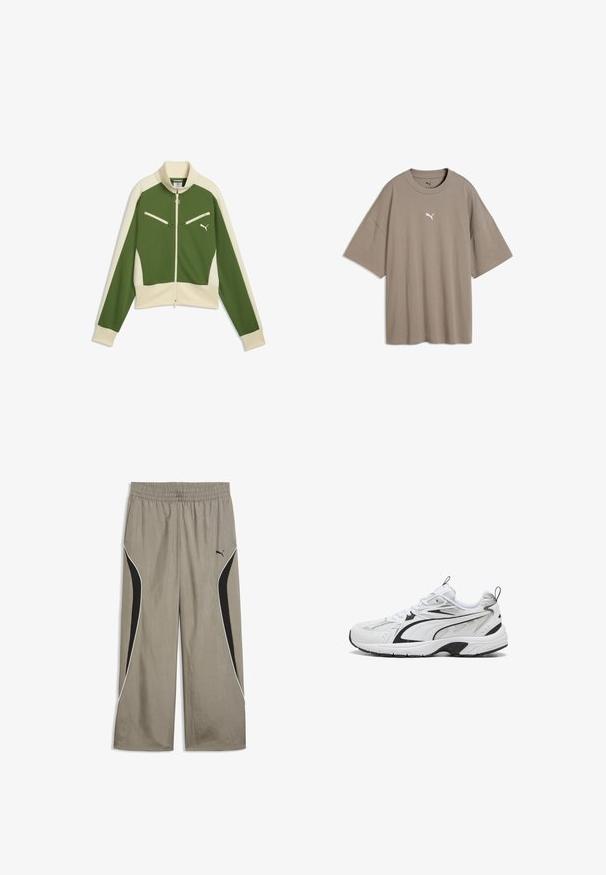 Chaqueta verde y beige con cremallera, manga larga, cuello alto, bolsillos delanteros con cremallera y logo de Puma en el pecho.; Camiseta extragrande de manga corta color marrón claro con cuello redondo y pequeño logo blanco de Puma centrado en el pecho.; Pantalones deportivos beige de pierna ancha con cintura elástica, paneles laterales negros curvos, ribete blanco y pequeño logo de Puma en el muslo derecho.; Zapatilla deportiva blanca y negra con detalles de malla y cuero, cierre con cordones y suela gruesa y acolchada sobre un fondo blanco.