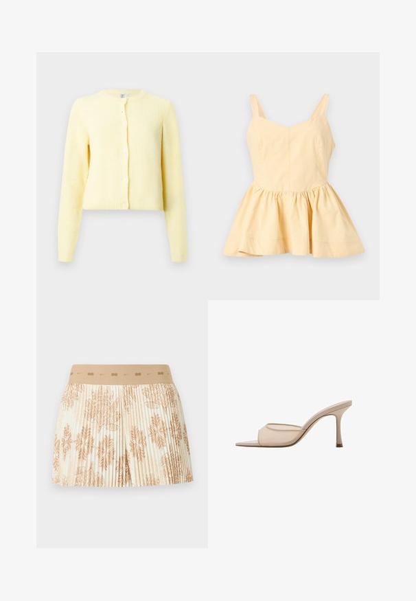 Gul ribbet cardigan med lange ærmer, rund halsudskæring og fem knaplukninger foran. Blød tekstur med en cropped pasform.; Lysegul ærmeløs top med brede stropper og en rynket, flared peplumkant, vist på en ensfarvet hvid baggrund.; Beige plisseret nederdel med elastisk linning med små Nike-logoer, dekoreret med lysebrune tropiske blade og blomster.; Nøgen hæl sandal med åben tå og gennemsigtig overdel samt slank hæl, der har en glat tekstur og minimalistisk design.