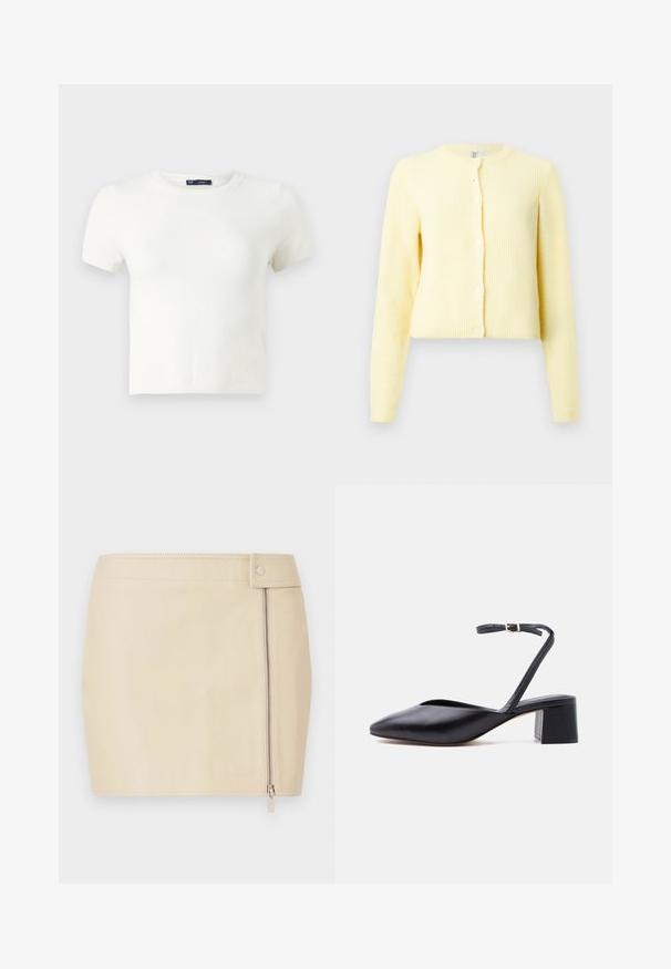 Žltý rebrovaný cardigan s dlhými rukávmi, okrúhlym výstrihom a piatimi gombíkmi pozdĺž prednej strany. Mäkká textúra s cropped strihom.; Biela krátkorychlá tričko vyrobené z mäkkého materiálu. Má klasický dizajn s okrúhlym výstrihom a slim fit bez viditeľných vzorov alebo akcentov.; Béžová mini sukňa z kože s priliehavým strihom, vybavená bočným zipsom a zapínaním na gombík. Hladká textúra s detailmi šitia.; Čierna kožená topánka s nízkym blokovým podpätkom, špicatou špičkou a tenkým remienkom na členok so zlatou prackou na svetlom pozadí.