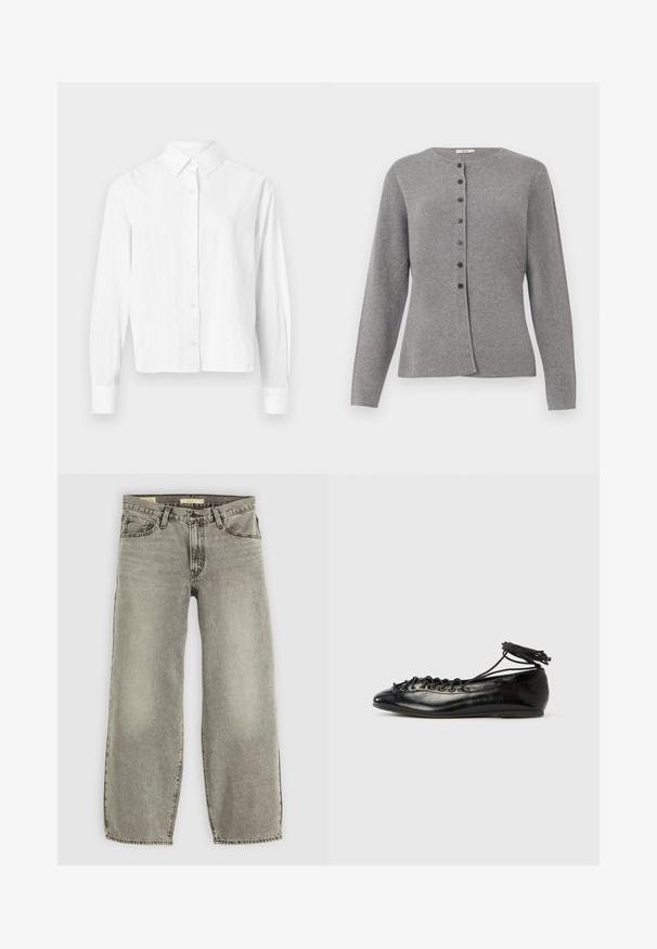 Cardigan en tricot gris clair avec des manches longues et un col rond, comportant sept boutons foncés sur le devant.; Chemise blanche à boutons, fabriquée en tissu léger. Présente des manches longues, un col classique et des rayures verticales discrètes. Design court.; Jean large en denim gris clair. Il présente un style traditionnel à cinq poches et un léger délavage sur l'ensemble du tissu.; Ballerines en cuir verni noir avec un bout rond, un design à lacets et une semelle plate. Texture lisse avec peu de détails.