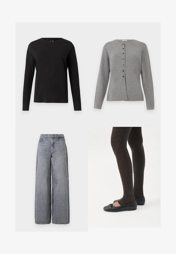 Lys grå strikket cardigan med lange ærmer og rund hals, der har syv mørke knapper foran.; Sort langærmet t-shirt lavet af bomuld med rund hals. Har en glat tekstur og et simpel design, velegnet til afslappet brug.; Bredde ben denim jeans i en falmet grå vask, med fem lommer, en knaplukning og en blød tekstur med subtile fældningsdetaljer.; Ben iført mørke ribbede leggings kombineret med sorte balletsko med små sløjfedetaljer på hvid baggrund.