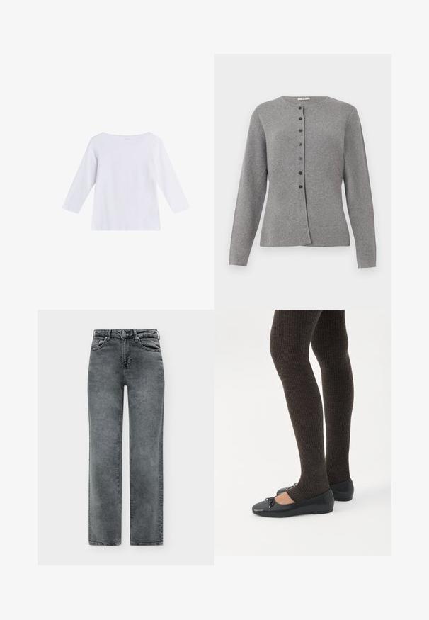 Lys grå strikket cardigan med lange ærmer og rund hals, der har syv mørke knapper foran.; Hvid langærmet skjorte med bådudskæring, lavet af blødt stof, vist på en ensfarvet hvid baggrund.; Grå straight-leg cowboybukser med forlommer, bæltestropper og lukning med knap og lynlås.; Ben iført mørke ribbede leggings kombineret med sorte balletsko med små sløjfedetaljer på hvid baggrund.