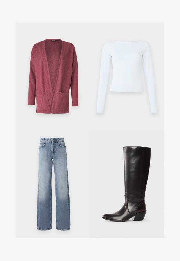 Cardigan i maroon strikket stof med åbent front, lange ærmer og to forlommer. Glat tekstur og afslappet pasform.; Langærmet, lyseblå tætsiddende bluse med bådudskæring og enkelt, rent design på en ensfarvet baggrund.; Bredde ben bløde denim jeans i blå med en lys vask, lynlås, fem-lomme design og subtil falming nær anklerne.; Knæhøj, mørkebrun læderstøvle med spids tå, vinkelret blokhæl og en glat, blank overflade. Har et enkelt design og syningsdetaljer.