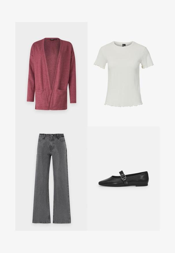 Cardigan i maroon strikket stof med åbent front, lange ærmer og to forlommer. Glat tekstur og afslappet pasform.; Hvid kortærmet top med ribbet struktur, rund halsudskæring og bølgede kantdetaljer, designet til en tætsiddende silhuet.; Bredde benjeans i sort denim med et hvidt prikkemønster; har et klassisk fem-lomme-design og knappelukning.; Sorte læder flade sko med rund tå, et enkelt justerbart spænde og en glat, blank overflade. Minimalistisk design med en lav hæl.