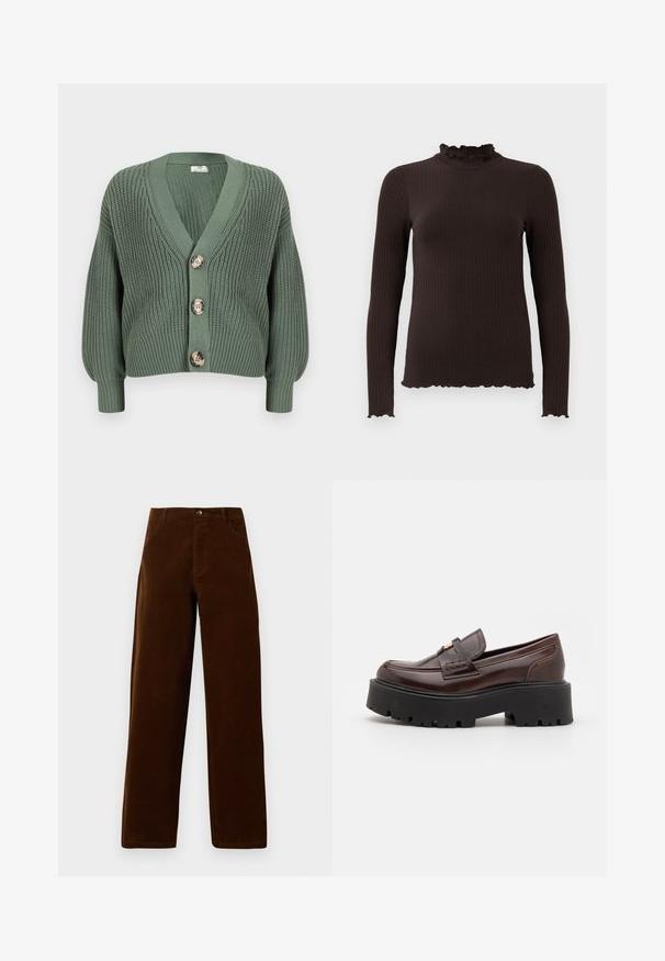 Grøn strikket cardigan med V-hals, fire store knapper, ribbede manchetter og et struktureret mønster i hele stoffet.; Mørkebrun ribbet bluse med lange ærmer, høj, flæset krave og flæsekant på manchetter og nederste kant.; Brune corduroy straight-leg bukser med forlommer, bæltestropper og knaplukning på en hvid baggrund.; Madden Girl CALISTA - Loafers - brown