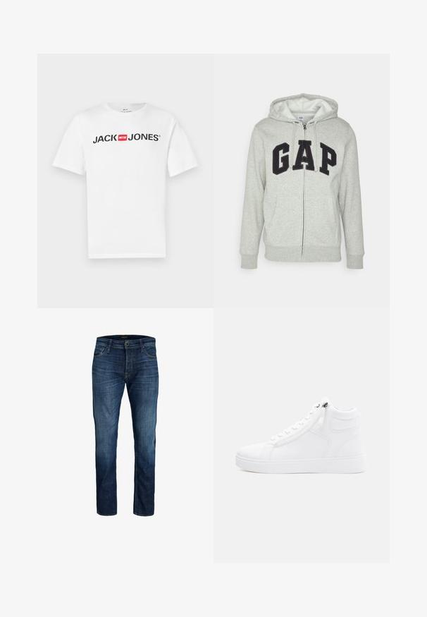 Grauer Reißverschluss-Hoodie mit einer vorderen Kängurutasche, ausgestattet mit einem schwarzen "GAP"-Logo. Weicher Stoff und verstellbare Kapuze mit Kordelzug.; Weißes Baumwoll-T-Shirt mit einem großen schwarzen "JACK & JONES"-Logo und rotem Kastenakzent. Kurze Ärmel und klassischer Rundhalsausschnitt.; Dunkelblaue Denim-Jeans mit geradem Schnitt, dezentem Verblassen, kontrastierenden Nähten, fünf Taschen und einem vorderen Knopfverschluss.; Weißer High-Top-Sneaker aus glattem Kunstmaterial. Mit Reißverschluss an der Seite, runder Zehenpartie und strukturiertem Gummisohle.