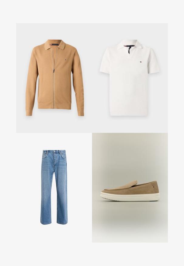 Tan zip-up cardigan met een textuur breiwerk, kraag en lange mouwen. Kenmerkt zich door een logo op de linkerkant van de borst en een soepele ritsluiting.; Witte polo met korte mouwen van een geweven stof, met een V-hals, kraag en een klein logo op de linkerkant van de borst.; Lichtblauwe denim jeans met een straight-leg ontwerp, vijf zakken, knoopsluiting, minimale vervaging en contrasterende stikseldetails.; Beige suède instapsneaker met witte rubberen zool, geperforeerd hielpaneel en klein rood-wit-blauw vlagdetail aan de zijkant.