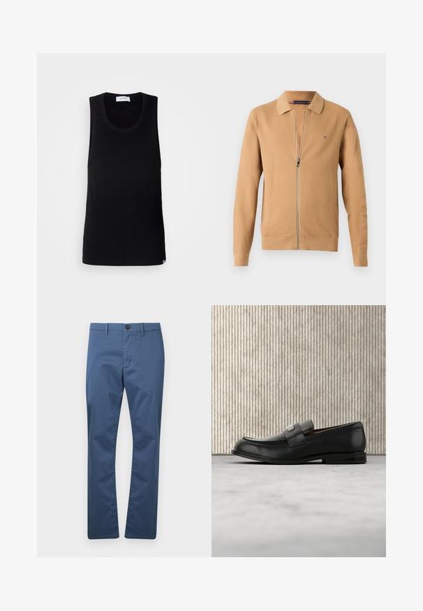 Tan zip-up cardigan med tekstureret strik, krave og lange ærmer. Har et logo på venstre bryst og en glat lynlås lukning.; Sort ærmeløs tanktop lavet af bomuld, med en rund halsudskæring og et enkelt design med en diskret mærkeetiket ved kanten.; Lige ben blå bukser med bæltestropper, frontknap og lynlås, vist på en ensfarvet hvid baggrund.; Sort læderloafer med metalbrandskilt hvilende nær et brunt rundt bord på beige tæppe.
