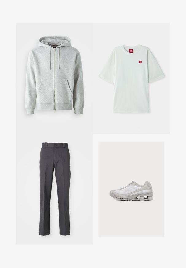 Grå zip-up hættetrøje med snørebånd i hætten, der har sidelommer, ribbede manchetter og et diskret logo på brystet. Blød stoftekstur.; Lysegrøn kortærmet t-shirt lavet af blød bomuld, med et lille rødt logo på venstre brystområde. Løs pasform og rund halsudskæring.; Mørkegrå bukser lavet af bomuldsblanding, der har et lige ben-design, frontlommer og en knaplukning i taljen.; Lysegrå og hvid atletiksko med synlig fjederlignende støddæmpning i sålen og meshstof på overdelen.