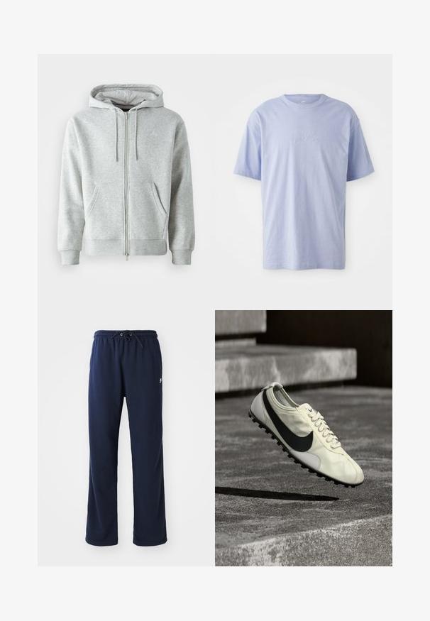 Grauer Reißverschluss-Hoodie mit Kapuze und Kordelzug, seitlichen Taschen, gerippten Bündchen und einem dezenten Logo auf der Brust. Weicher Stoff.; Hellblaues Baumwoll-T-Shirt mit Rundhalsausschnitt und kurzen Ärmeln. Mit einem geprägten "Nike"-Logo auf der Vorderseite in der Mitte. Weicher Stoff.; Marineblaue Sweatpants aus weichem Stoff, mit einem elastischen Bund und Kordelzug, seitlichen Taschen und einem minimalistischen Logo-Detail.; Weißer Nike-Sneaker mit schwarzem Swoosh-Logo, Schnürsenkeln und Gummiprofilsohle, in der Luft über Betontreppen gezeigt.