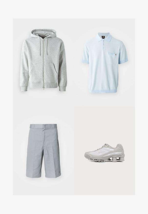 Grå zip-up hættetrøje med snørebånd i hætten, der har sidelommer, ribbede manchetter og et diskret logo på brystet. Blød stoftekstur.; Lyseblå polo skjorte med tekstureret stof, tre knapper, korte ærmer med kontrastfarvede manchetter og en brystlomme.; Lys grå shorts lavet af slidstærkt stof, med lige snit, en talje med bæltestropper og diskrete plisseringer.; Grå og hvid atletiksko med mesh-paneler, snørelukning og en unik fjedrende sål til stødabsorbering og støtte.