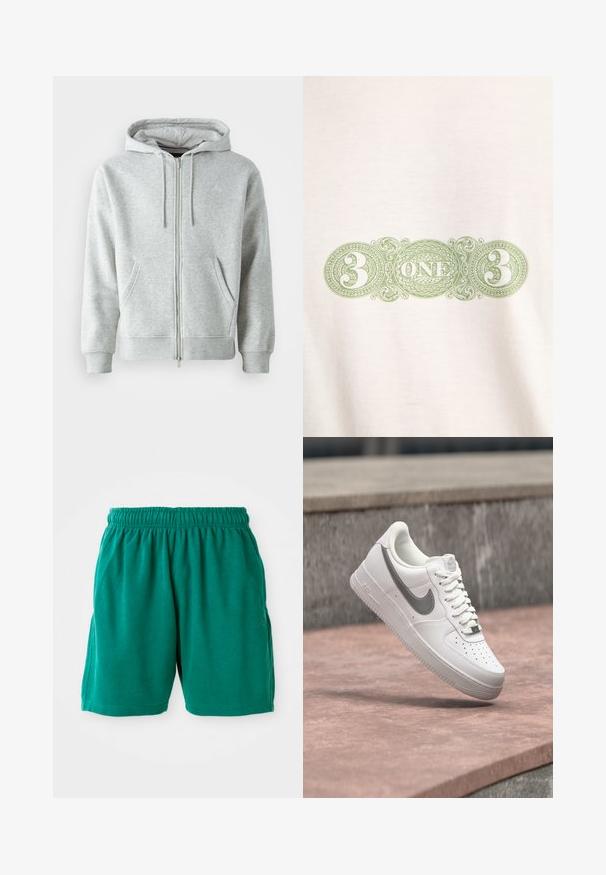 Sudadera con cremallera gris, con capucha ajustable, que cuenta con bolsillos laterales, puños acanalados y un logo sutil en el pecho. Textura de tela suave.; Diseño verde ornamentado con el número 3 a ambos lados y la palabra UNO en el centro sobre un fondo de tela blanca.; Bermudas de algodón verdes con cintura elástica, bolsillos laterales y dobladillo cosido. Textura suave con un ajuste relajado y casual.; Zapatilla blanca Nike Air Force 1 con logo swoosh gris flotando sobre una superficie de piedra y un fondo de pared de piedra gris.