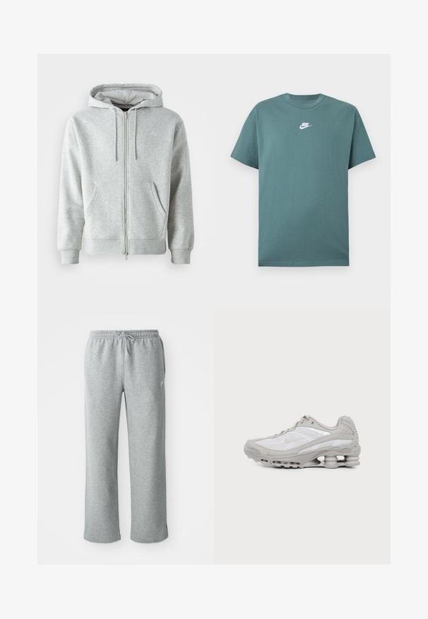 Grauer Reißverschluss-Hoodie mit Kapuze und Kordelzug, seitlichen Taschen, gerippten Bündchen und einem dezenten Logo auf der Brust. Weicher Stoff.; Grünes Nike T-Shirt mit kurzen Ärmeln, weißem Logo mittig auf der Brust, Rundhalsausschnitt und lockerer Passform.; Graue Sweatpants aus Baumwolle mit elastischem Bund, Kordelzugverschluss und geraden Beinen. Verfügt über ein kleines Logo auf der oberen linken Seite.; Grauer und weißer Sportschuh mit sichtbarer Luftpolstersohle und Mesh-Einsätzen, im Profil auf einfachem hellem Hintergrund gezeigt.