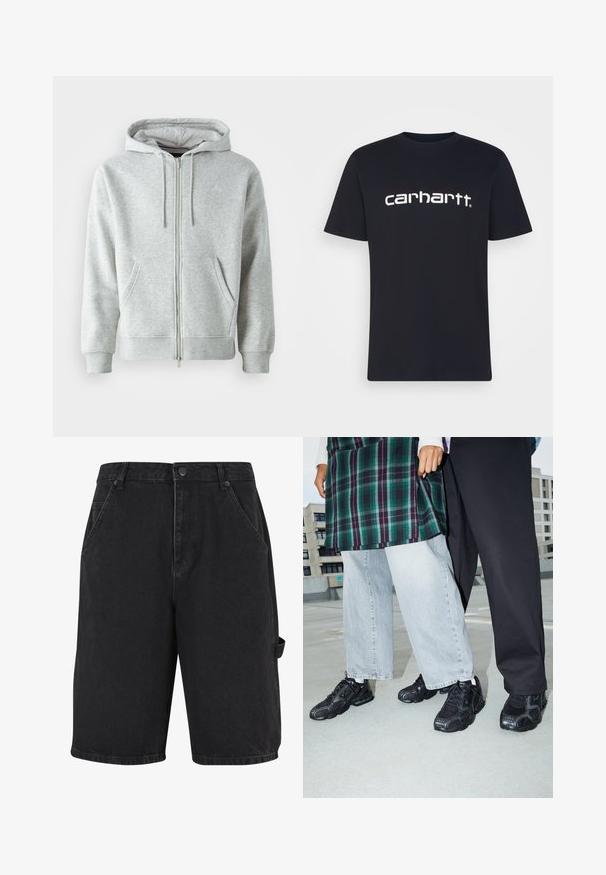 Grå zip-up hættetrøje med snørebånd i hætten, der har sidelommer, ribbede manchetter og et diskret logo på brystet. Blød stoftekstur.; Sort bomulds T-shirt med korte ærmer og rund hals; har et hvidt "carhartt" logo trykt på brystet. Glat tekstur, enkelt design.; Sorte denim shorts med løs pasform, frontlommer og sidelomme med accent. Stoffet har en subtil tekstur og solid konstruktion.; Sorte atletik sko med mesh- og gummidetaljer. Båret med lysegrå vide jeans og en ternet grøn bluse. Flad overflade i baggrunden.