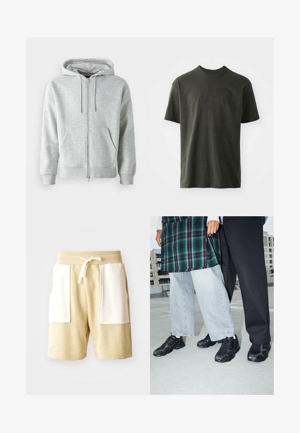 Sudadera con cremallera gris, con capucha ajustable, que cuenta con bolsillos laterales, puños acanalados y un logo sutil en el pecho. Textura de tela suave.; Camiseta verde oscura de tela suave, con cuello redondo y mangas cortas. Logo "nike" bordado en un verde ligeramente más oscuro.; Pantalones cortos de algodón beige con una cintura elástica acanalada, bolsillos de acento en blanco, detalle de cordón y un corte relajado. Textura de tela suave.; Zapatillas deportivas negras con acentos de malla y goma. Combinadas con jeans de pierna ancha de color gris claro y una blusa de cuadros verdes. Fondo de superficie plana.