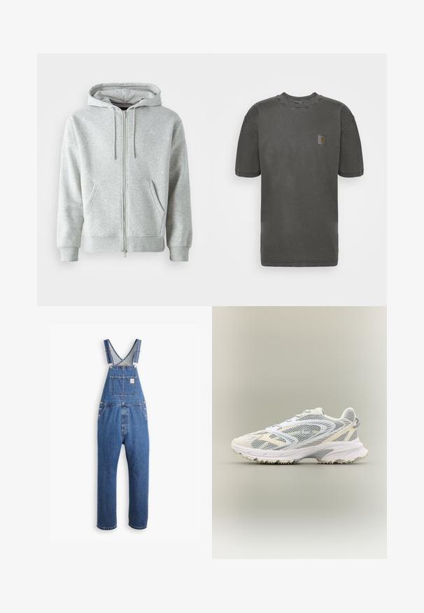 Šedá mikina na zips s kapucňou na šnúrku, so bočnými vreckami, rebrovanými manžetami a diskrétnym logom na hrudi. Mäkka textúra látky.; Carhartt WIP NELSON - Základné tričko - black garment dyed; Džínsové montérky v stredne modrej farbe, s nastaviteľnými popruhmi, prednou vreckom a kovovými súčiastkami, vo voľnom strihu a s rovným strihom nohavíc.; Biele športové topánky s šedými sieťovinovými panelmi, štruktúrovanými prekrytiami, polstrovaným golierom a gumovou podrážkou s malými trakčnými hrotmi.