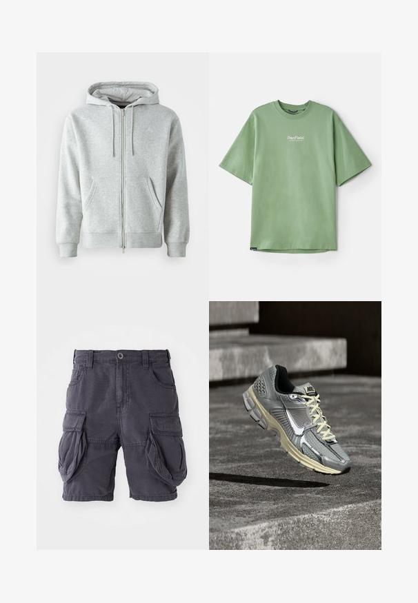 Grijze zip-up hoodie met een trekkoordcapuchon, voorzien van zijzakken, geribbelde manchetten en een subtiel logo op de borst. Zachte stoftextuur.; Groen T-shirt met korte mouwen, gemaakt van katoen, met een ronde hals en een klein wit logo op de borst. Soepele textuur, ontspannen pasvorm.; Cargo shorts van donkergrijs katoen, met een klassieke pasvorm, meerdere zijzakken en een sluiting met een knoop aan de voorkant. Glad textuur.; Grijze en beige Nike hardloopschoen met witte veters en een grote witte swoosh, gepositioneerd alsof hij boven een betonnen oppervlak zweeft.