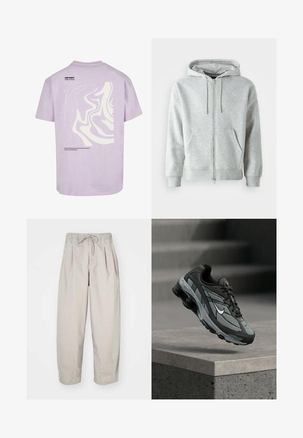 Sudadera con cremallera gris, con capucha ajustable, que cuenta con bolsillos laterales, puños acanalados y un logo sutil en el pecho. Textura de tela suave.; Camiseta de algodón lila de manga corta. Presenta un gran diseño abstracto blanco en la parte posterior y la frase "LOST YOUTH" impresa cerca del escote.; Pantalones ligeros color beige con cintura elástica y cordón de ajuste. Presentan pliegues y un corte holgado, elaborados con una tela suave y lisa.; Zapatilla deportiva gris y negra con paneles de malla y suela gruesa, posicionada en el aire sobre un saliente de hormigón con escaleras de fondo.