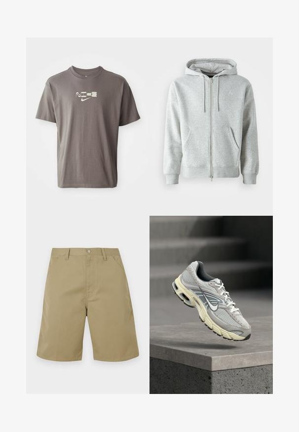 Grå zip-up hættetrøje med snørebånd i hætten, der har sidelommer, ribbede manchetter og et diskret logo på brystet. Blød stoftekstur.; Brun kortærmet t-shirt med et lysfarvet "Nike" logo trykt på forsiden, med en afslappet og løs pasform.; Beige shorts lavet af stof med en glat tekstur, med flad front, bæltestropper og sidelommer; ben med lige snit.; Grå og hvid Nike løbesko med polstret sål, svævende over et betontrin i et udendørs miljø.