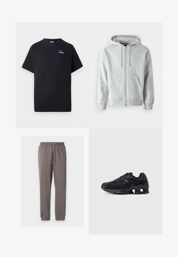 Sudadera con cremallera gris, con capucha ajustable, que cuenta con bolsillos laterales, puños acanalados y un logo sutil en el pecho. Textura de tela suave.; Camiseta negra de manga corta con pequeño swoosh azul de Nike y texto blanco "DEPARTAMENTO ATLETICO SOLO HAZLO." en la parte superior izquierda del pecho.; Pantalones deportivos de algodón gris con cintura elástica, cordón, bolsillos laterales y puños acanalados en los tobillos. Textura suave y ajuste casual.; Zapatilla deportiva negra con parte superior de malla, cuello acolchado y tecnología de amortiguación prominente en el talón. Presenta detalles texturizados y cordones.