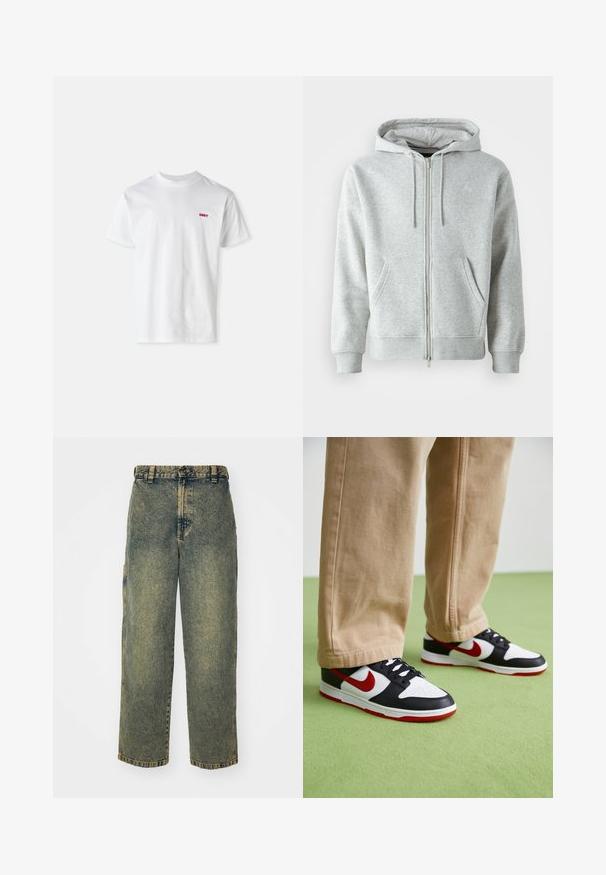Sudadera con cremallera gris, con capucha ajustable, que cuenta con bolsillos laterales, puños acanalados y un logo sutil en el pecho. Textura de tela suave.; Camiseta blanca de algodón con cuello redondo y mangas cortas, con un pequeño logo rojo "OBEY" en el lado izquierdo del pecho.; Jeans de denim holgados en un lavado azul y verde descolorido. Presenta un cierre de botón, pasadores para el cinturón y bolsillos laterales. Diseño de frente plano y pierna recta.; Las zapatillas Nike Dunk presentan un diseño de cuero negro con acentos rojos y un swoosh blanco. La suela es roja, con una puntera blanca texturizada.