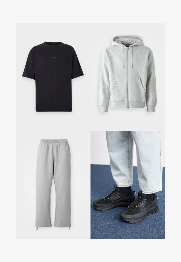 Šedá mikina na zips s kapucňou na šnúrku, so bočnými vreckami, rebrovanými manžetami a diskrétnym logom na hrudi. Mäkka textúra látky.; Oakley RISE TEE - Základné tričko - blackout; Sivé tepláky s elastickým pásom, rovným strihom a šnúrkami na leme. Vyrobené z mäkkej, textúrovanej látky.; Čierne športové topánky s textúrovanou tkaninou a gumovou podrážkou, so elastickými šnúrkami a modrým akcentom na päte. Nosia sa s svetlými riflami.