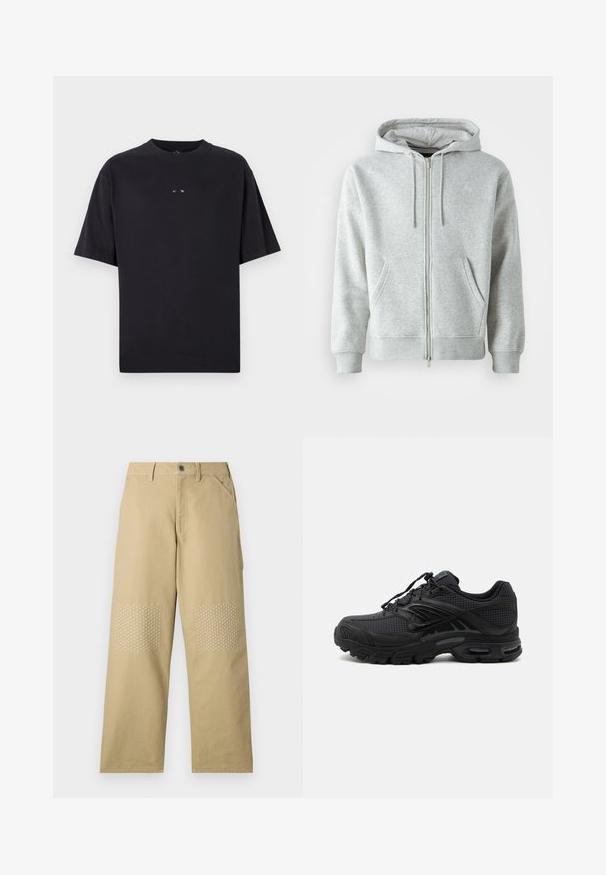 Grauer Reißverschluss-Hoodie mit Kapuze und Kordelzug, seitlichen Taschen, gerippten Bündchen und einem dezenten Logo auf der Brust. Weicher Stoff.; Oakley RISE TEE - T-Shirt basic - blackout; Khakifarbene Baumwollhosen mit geradem Bein, versehen mit weißen Kreuzstichen auf den Knie-Patches und einem Frontknopfverschluss.; Schwarzer athletischer Sneaker mit strukturiertem Stoff, dicker gepolsterter Sohle, Luftauslässen und Schnürverschluss, von der Seite auf hellem Hintergrund gezeigt.