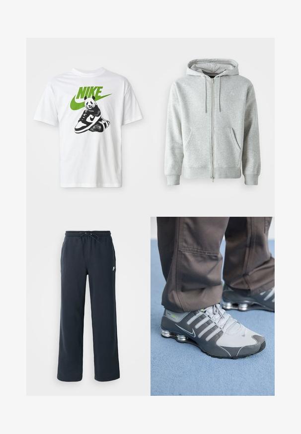 Grå zip-up hættetrøje med snørebånd i hætten, der har sidelommer, ribbede manchetter og et diskret logo på brystet. Blød stoftekstur.; Hvid bomulds t-shirt med et sort-hvidt panda grafik, der holder en Nike sneaker, med et grønt Nike-logo ovenfor.; Mørkeblå sweatpants med elastisk talje og snoretræk. Lavet af blødt stof og med et lille hvidt logo på venstre hofte.; Grå og sølv Nike Shox sneakers har et slankt design med mesh og syntetiske materialer, en rund tå og en polstret krave.